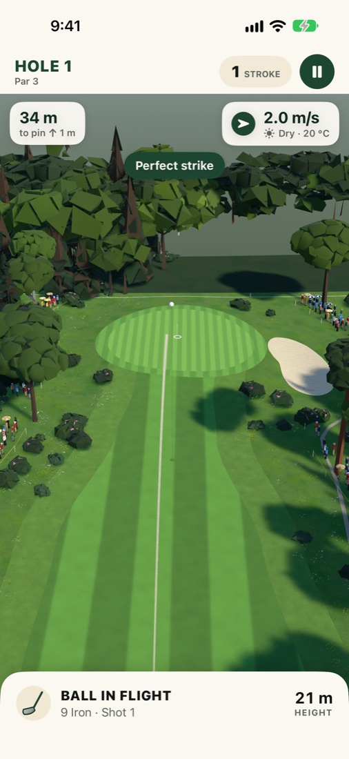 An iron shot in flight toward a parkland green, with a perfect-strike banner.